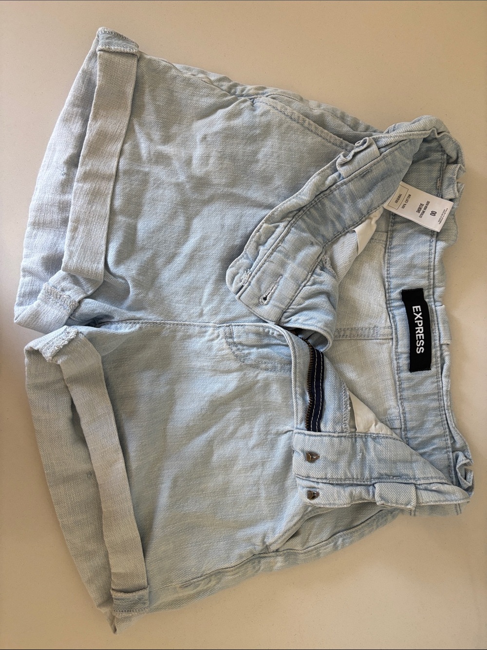 Express Light Blue Rolled Hem Denim Shorts